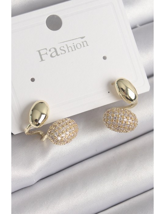 Pirinç Gold Renk Zirkon Taşlı Bombeli Model Kadın Küpe - TJ-BKP9754