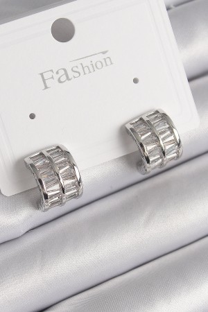 Pirinç Gümüş Renk Çift Sıra Zirkon Taşlı Kadın Küpe - TJ-BKP9755 Pirinç Gümüş Renk Çift Sıra Zirkon Taşlı Kadın Küpe - TJ-BKP9755