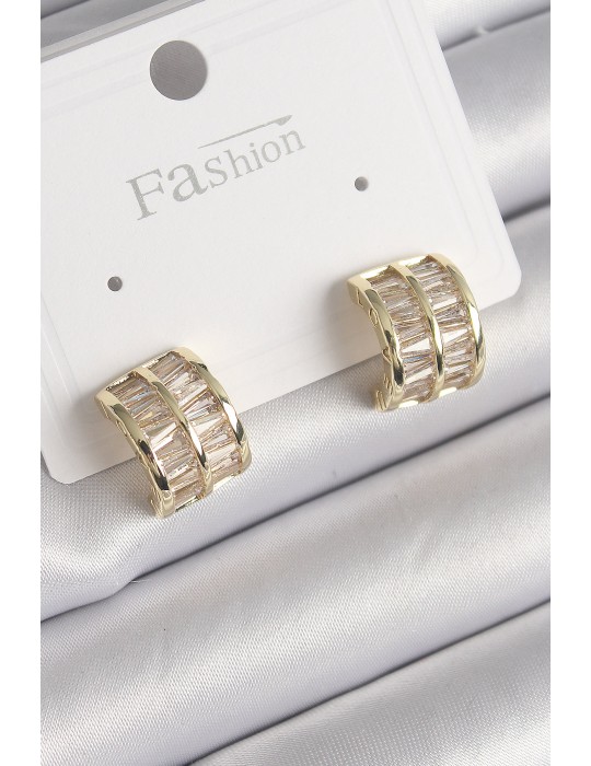 Pirinç Gold Renk Çift Sıra Zirkon Taşlı Kadın Küpe - TJ-BKP9756