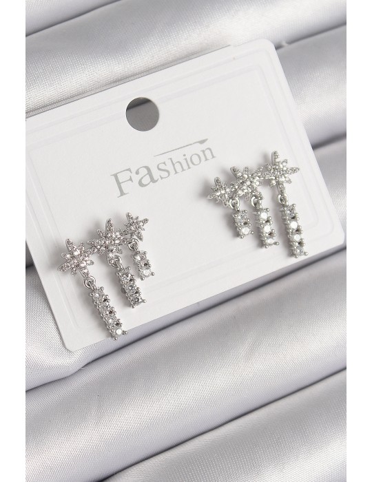 Pirinç Gümüş Renk Zirkon Taşlı 3'Lü Sallantı Yıldız Model Kadın Küpe - TJ-BKP9757