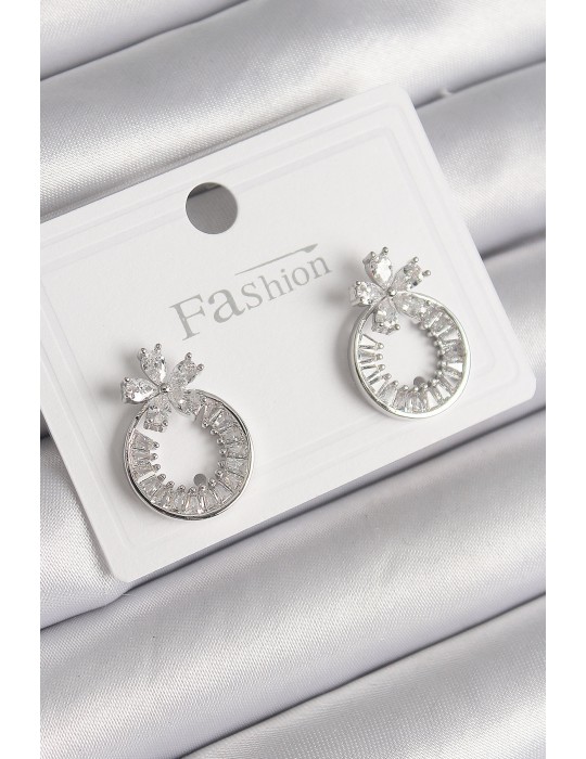 Pirinç Gümüş Renk Zirkon Taşlı Halka Model Çiçek Figür Kadın Küpe - TJ-BKP9761