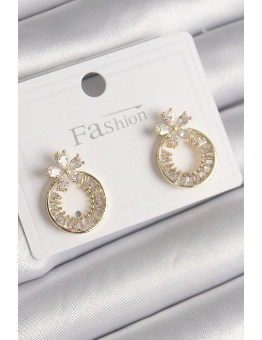 Pirinç Gold Renk Zirkon Taşlı Halka Model Çiçek Figür Kadın Küpe - TJ-BKP9762