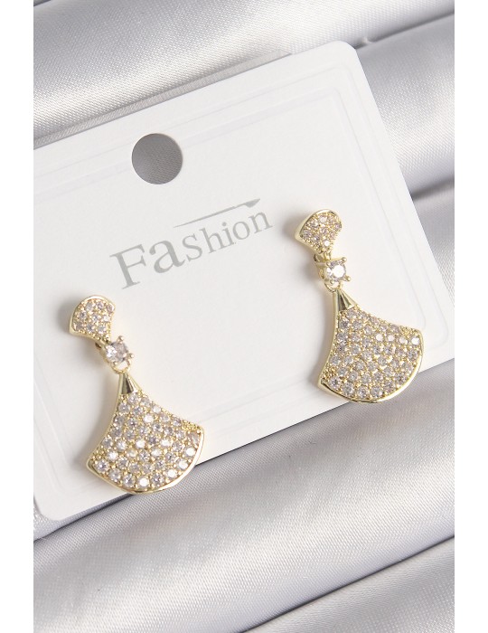 Pirinç Gold Renk Zirkon Taşlı Motif Model Kadın Küpe - TJ-BKP9778