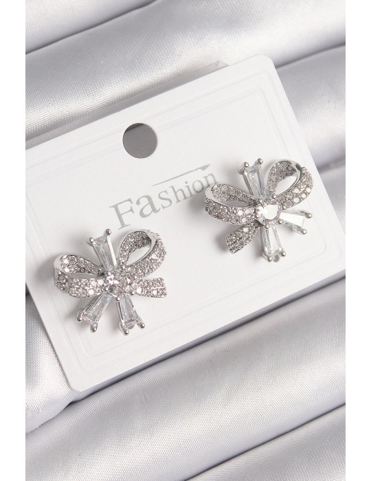 Pirinç Gümüş Renk Zirkon Taşlı Fiyonk Model Kadın Küpe - TJ-BKP9779