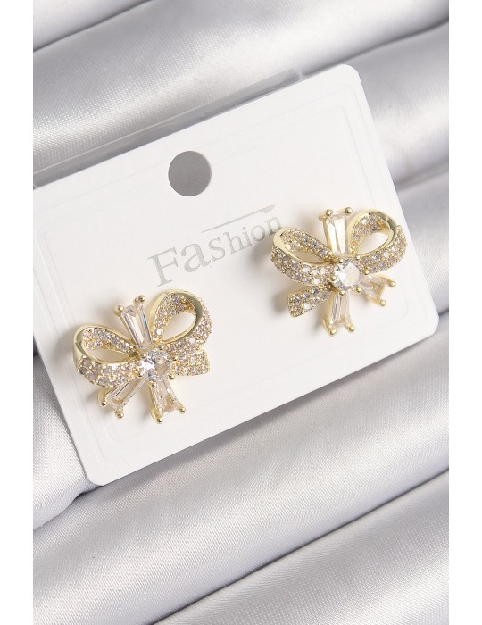 Pirinç Gold Renk Zirkon Taşlı Fiyonk Model Kadın Küpe - TJ-BKP9780