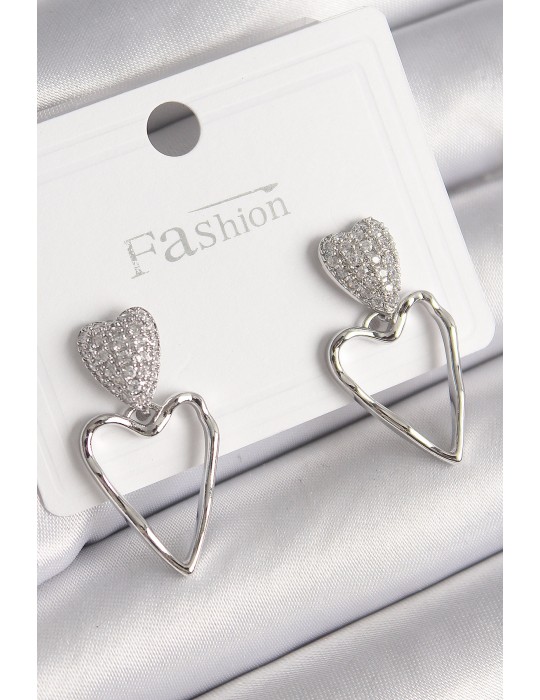 Pirinç Gümüş Renk Zirkon Taşlı Kalp Model Kadın Küpe - TJ-BKP9781