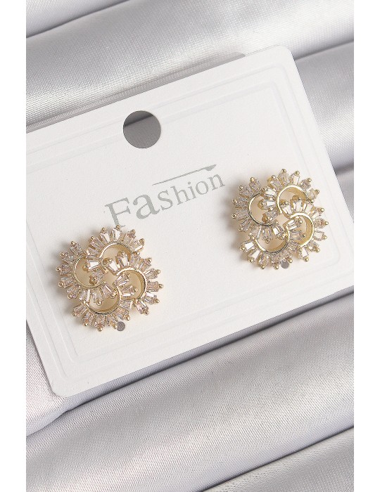 Pirinç Gold Renk Zirkon Taşlı Yonca Model Kadın Küpe - TJ-BKP9792