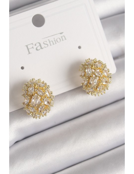 Pirinç Gold Renk Zirkon Taşlı Kadın Küpe - TJ-BKP9796