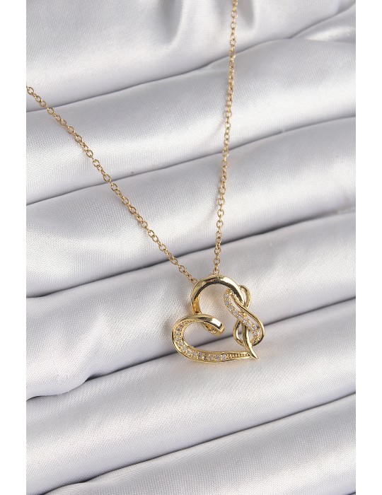 316L Çelik Gold Renk Zincir Zirkon Taş Detaylı Kalp Model Sonsuzluk Detay Kadın Kolye - TJ-BKO9583