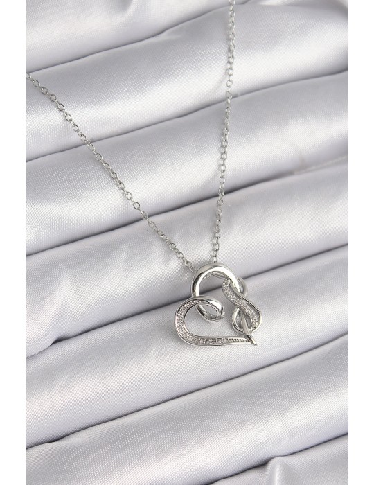 316L Çelik Gümüş Renk Zincir Zirkon Taş Detaylı Kalp Model Sonsuzluk Detay Kadın Kolye - TJ-BKO9584