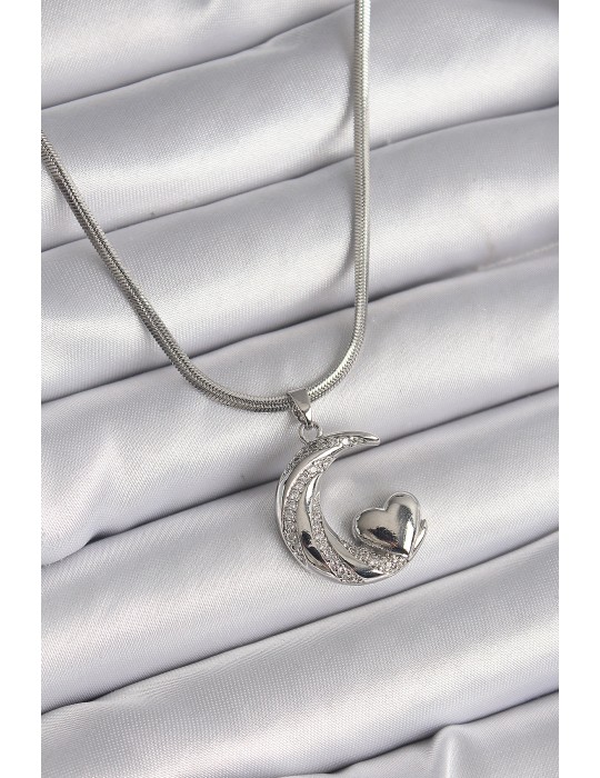 316L Çelik Gümüş Renk İtalyan Zincir Zirkon Taşlı Halil Figür Kalp Detay Kadın Kolye - TJ-BKO9590