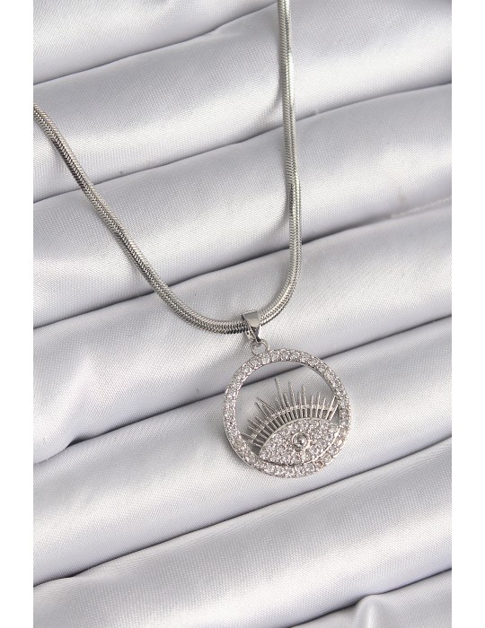 316L Çelik Gümüş Renk İtalyan Zincir Zirkon Taşlı Göz Model Kadın Kolye - TJ-BKO9592