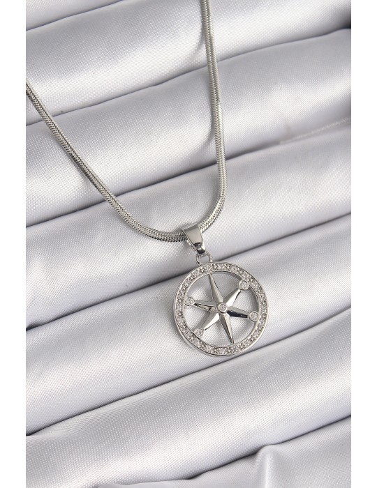 316L Çelik Gümüş Renk İtalyan Zincir Zirkon Taşlı Kutup Yıldız Model Kadın Kolye - TJ-BKO9594