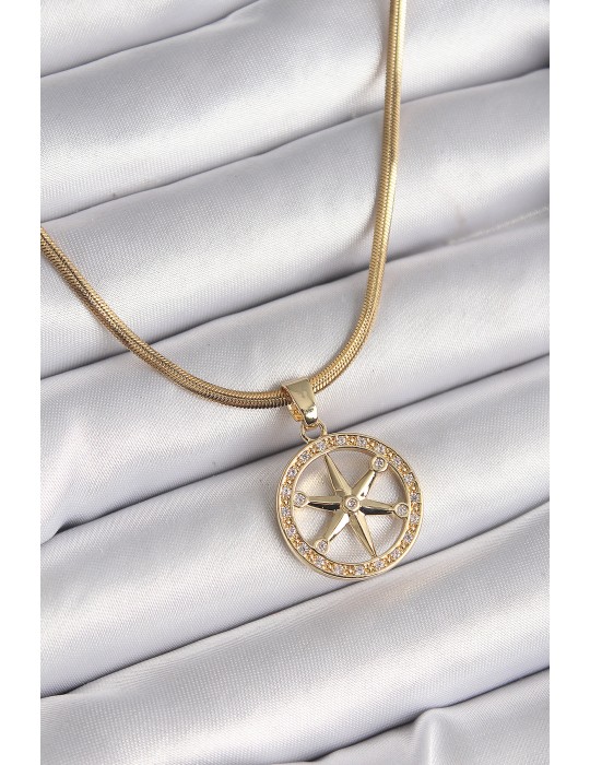 316L Çelik Gold Renk İtalyan Zincir Zirkon Taşlı Kutup Yıldız Model Kadın Kolye - TJ-BKO9595