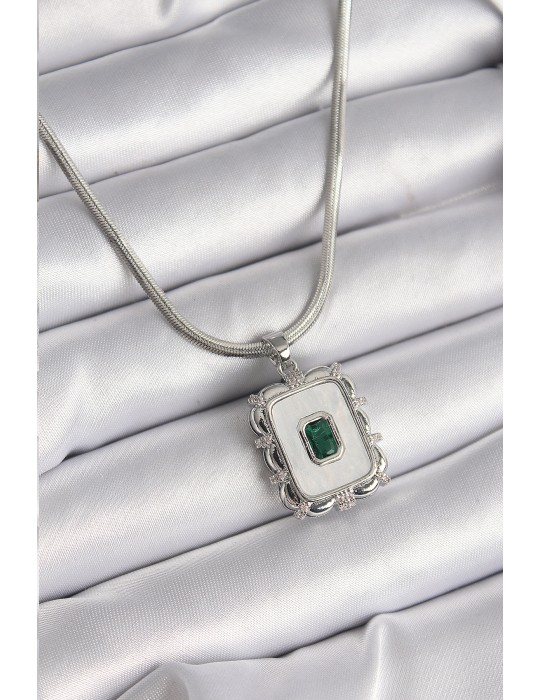 316L Çelik Gümüş Renk İtalyan Zincir Beyaz Sedefli Kare Portre Model Zümrüt Taş Detay Kadın Kolye - TJ-BKO9596