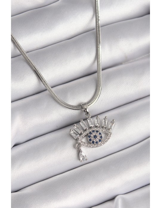 316L Çelik Gümüş Renk İtalyan Zincir Zirkon Taşlı Göz Model Kadın Kolye - TJ-BKO9598