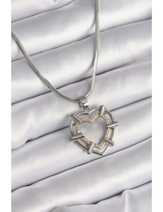 316L Çelik Gümüş Renk İtalyan Zincir Mix Renk Zirkon Taş Detay Kalp Model Kadın Kolye - TJ-BKO9600