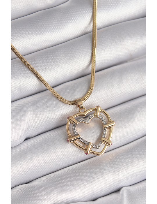 316L Çelik Gold Renk İtalyan Zincir Mix Renk Zirkon Taşlı Kalp Model Kadın Kolye - TJ-BKO9601
