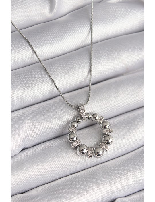 316L Çelik Gümüş Renk Zincir Zirkon Taş Detaylı Bombeli Halka Model Kadın Kolye - TJ-BKO9604