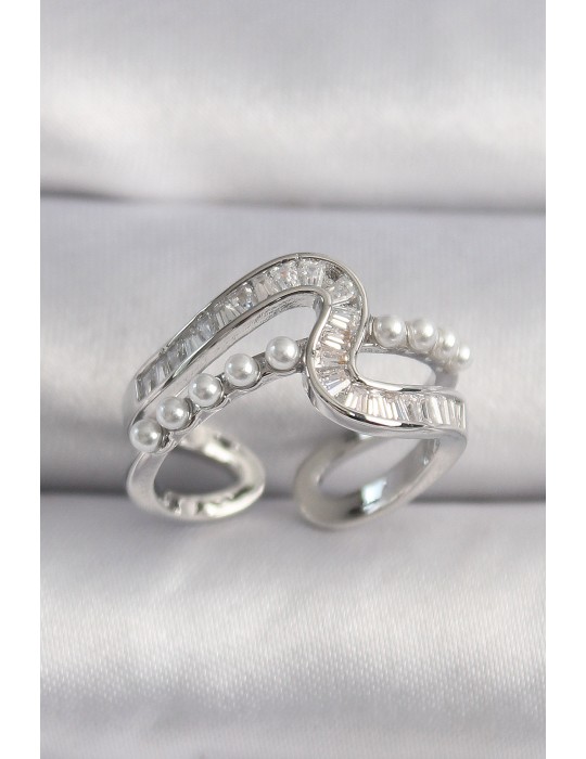 Pirinç Gümüş Renk Zirkon Taşlı İnci Detay VIP Seri Kadın Yüzük - TJ-BYK3511
