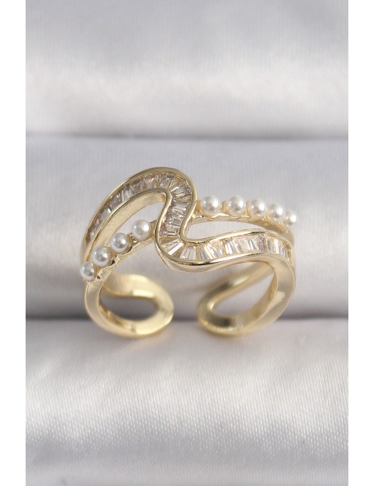 Pirinç Gold Renk Zirkon Taşlı İnci Detay VIP Seri Kadın Yüzük - TJ-BYK3512
