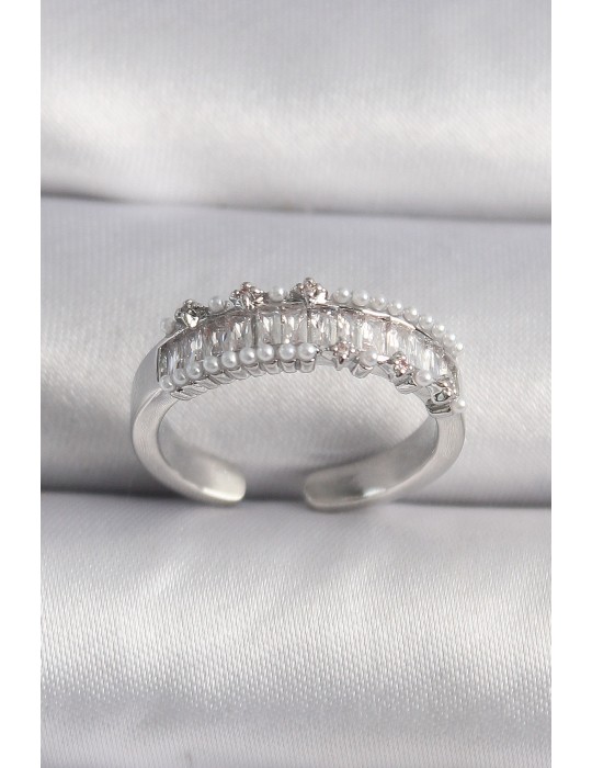 Pirinç Gümüş Renk Zirkon Taşlı İnci Detay VIP Seri Kadın Yüzük - TJ-BYK3519