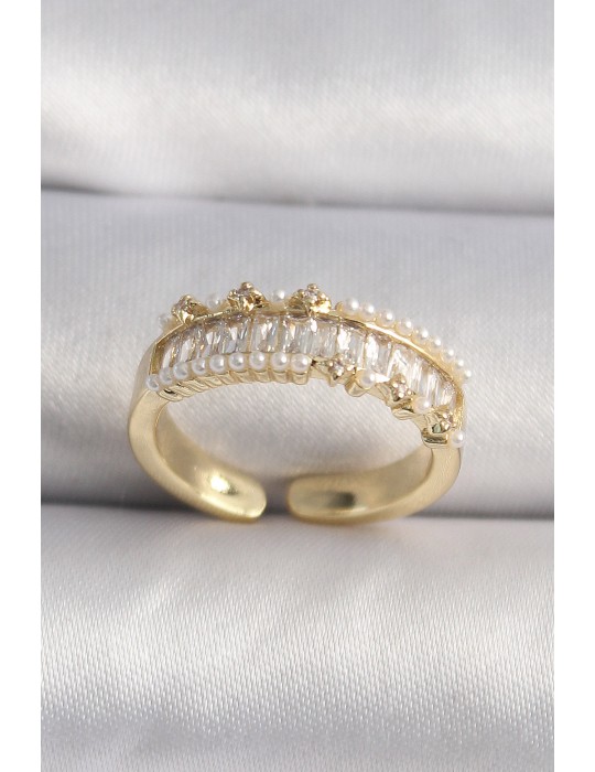 Pirinç Gold Renk Zirkon Taşlı İnci Detay VIP Seri Kadın Yüzük - TJ-BYK3520