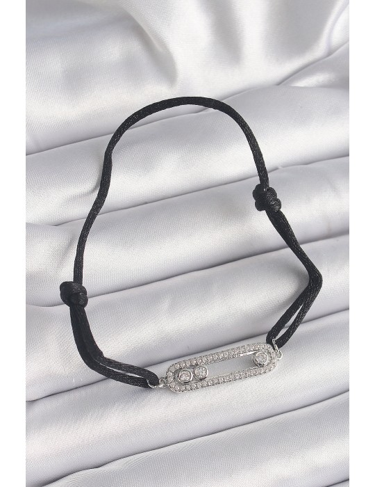 Siyah Renk İpli Asansör Zirkon Taşlı Gümüş Messika Model Kadın Bileklik - TJ-BB6580