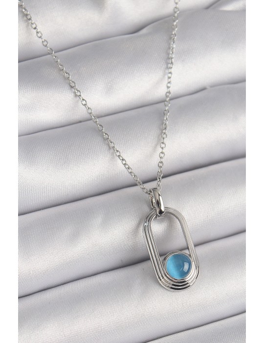 316L Çelik Gümüş Renk Zincir Mavi Kedi Göz Model Kadın Kolye - TJ-BKO9613