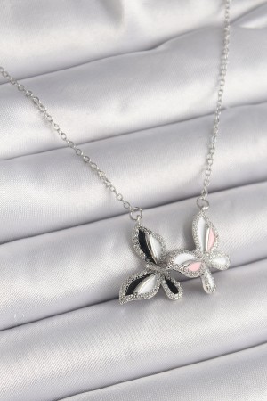 316L Çelik Gümüş Renk Zincir Zirkon Taşlı Renkli Model Kadın Kolye - TJ-BKO9615