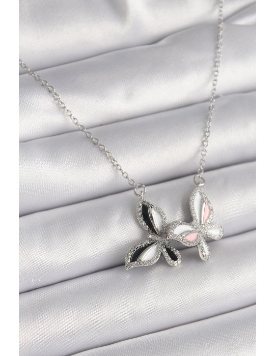 316L Çelik Gümüş Renk Zincir Zirkon Taşlı Renkli Model Kadın Kolye - TJ-BKO9615