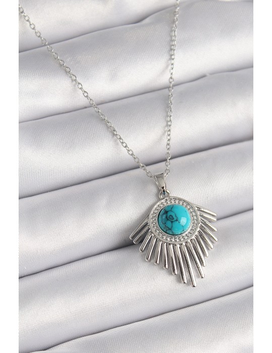 316L Çelik Gümüş Renk Zincir Mavi Boncuklu Zirkon Taşlı Kadın Kolye - TJ-BKO9617