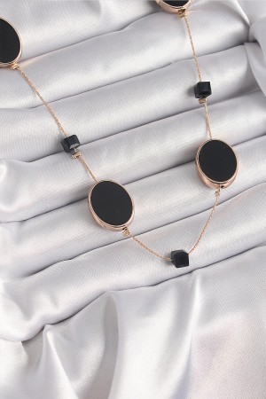 Pirinç Gold Renk Siyah Renk Oval Siyah Küp Detay Kadın Kolye - TJ-BKO9625 Pirinç Gold Renk Siyah Renk Oval Siyah Küp Detay Kadın Kolye - TJ-BKO9625