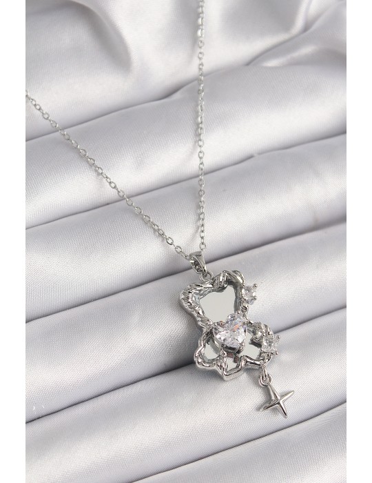 316L Çelik Gümüş Renk Ayna Ayıcık Model Zirkon Taşlı Kalp Detay Kadın Kolye - TJ-BKO9627