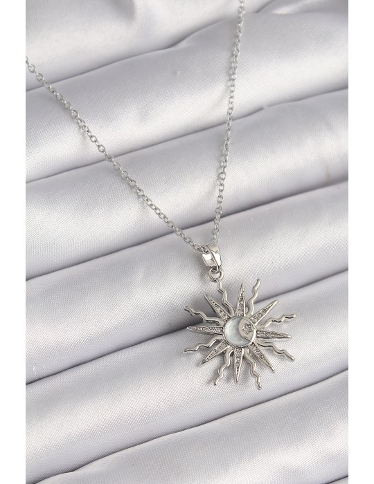 316L Çelik Gümüş Renk Zincir Zirkon Taşlı Yıldız Model Sedefli Ay İşleme Detay Kadın Kolye - TJ-BKO9631