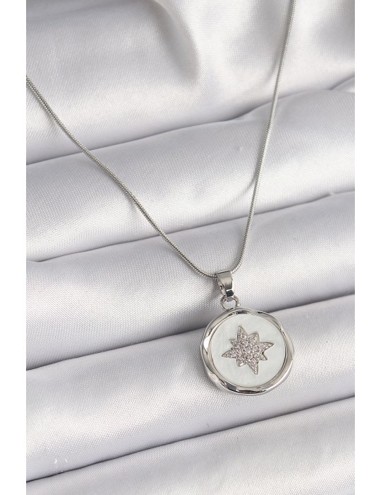 316L Çelik Gümüş Renk Zincir Beyaz Sedefli Zirkon Taşlı Yıldız İşleme Model Kadın Kolye - TJ-BKO9635
