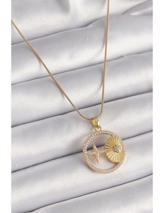 316L Çelik Gold Renk Zincir Zirkon Taşlı Yıldız İşleme Madalyon Model Kadın Kolye - TJ-BKO9636