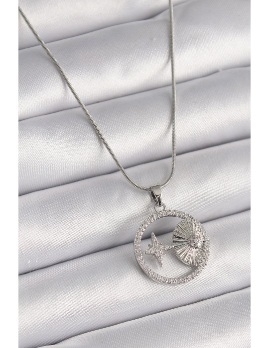 316L Çelik Gümüş Renk Zincir Zirkon Taşlı Yıldız Madalyon Model Kadın Kolye - TJ-BKO9637