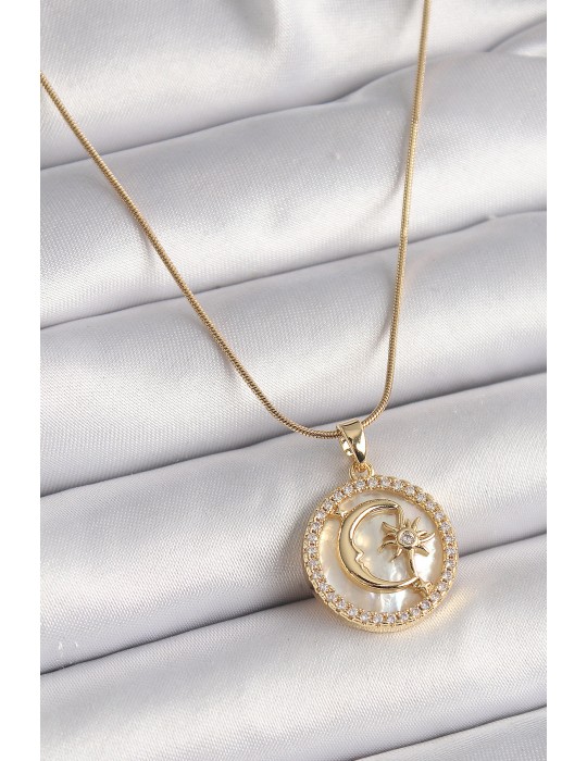 316L Çelik Gold Renk Zincir Zirkon Taş Detaylı Beyaz Sedefli Ay Yıldız Model Kadın Kolye - TJ-BKO9638