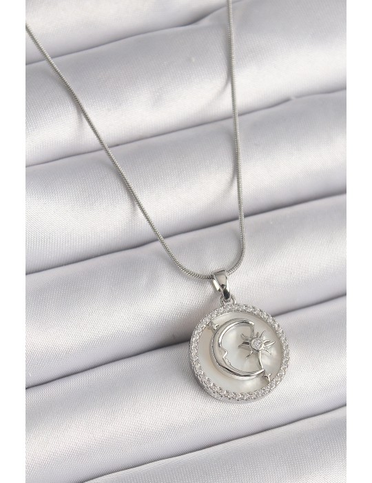 316L Çelik Gümüş Renk Zincir Zirkon Taş Detaylı Beyaz Sedefli Ay Yıldız İşleme Kadın Kolye - TJ-BKO9639