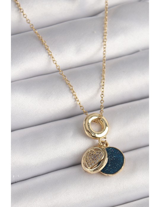 316L Çelik Gold Renk Zincir Zirkon Taşlı Kalp Model Mavi Simli Kadın Kolye - TJ-BKO9640