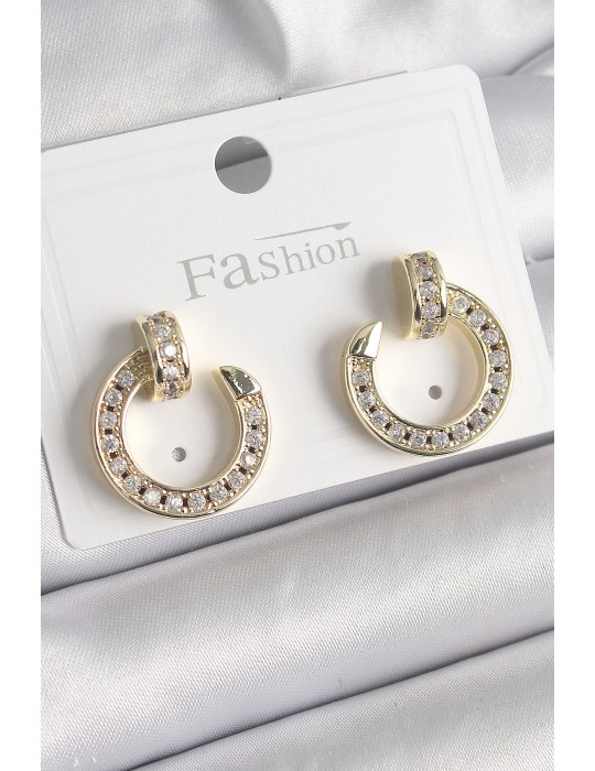 Pirinç Gold Renk Zirkon Taşlı Çivi Halka Model Kadın Küpe - TJ-BKP9846