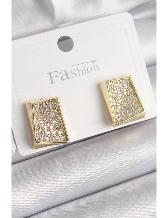 Pirinç Gold Renk Zirkon Taşlı Plaka Model Kadın Küpe - TJ-BKP9848