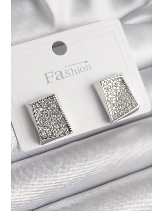 Pirinç Gümüş Renk Zirkon Taşlı Plaka Model Kadın Küpe - TJ-BKP9849