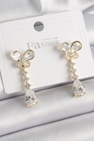 Pirinç Gold Renk Zirkon Taşlı Model Sallantı Damla Zirkon Taş Kadın Küpe - TJ-BKP9860