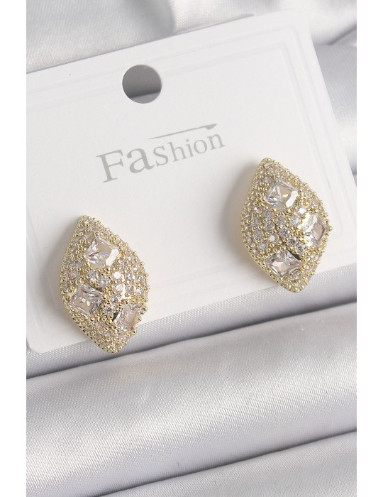 Pirinç Gold Renk Zirkon Taş İşlemeli Damla Model Kadın Küpe - TJ-BKP9862