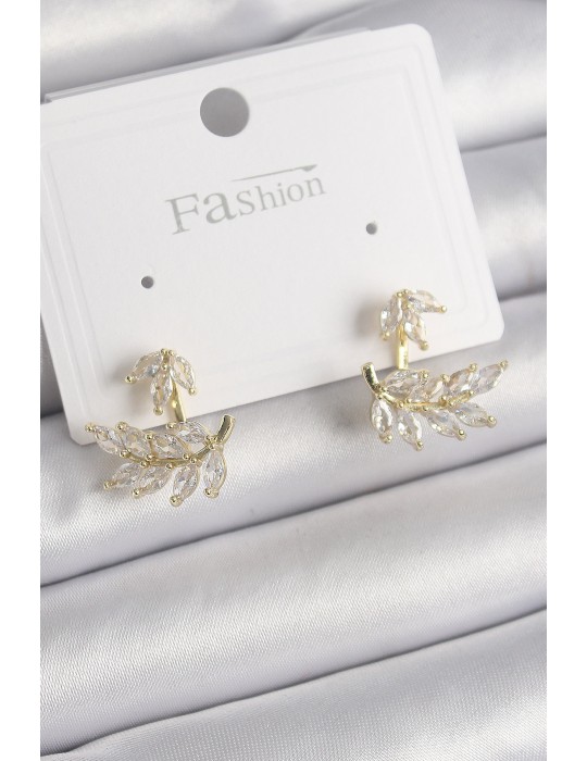 Pirinç Gold Renk Zirkon Taşlı Yaprak Model Kadın Küpe - TJ-BKP9866