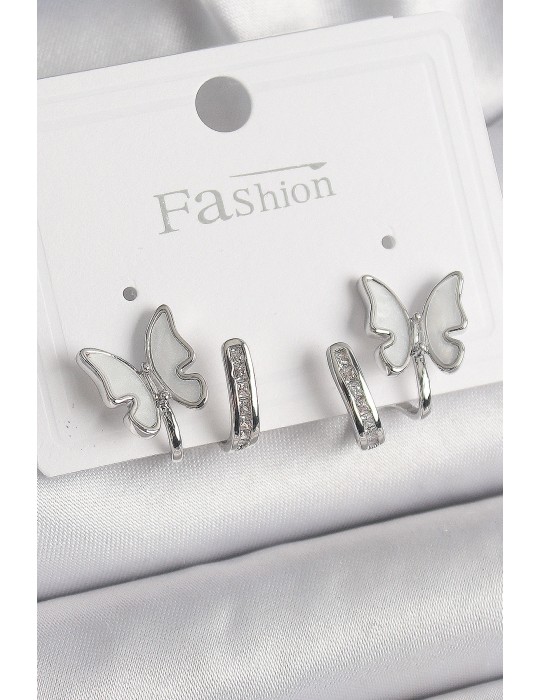 Pirinç Gümüş Renk Zirkon Taş Detaylı Beyaz Sedefli Model Kadın Küpe - TJ-BKP9869