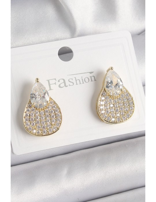 Pirinç Gold Renk Zirkon Taşlı Damla Model Kadın Küpe - TJ-BKP9870