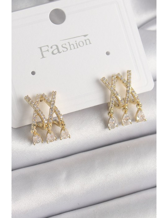 Pirinç Gold Renk Zirkon Taşlı X Model Sallantı Detay Kadın Küpe - TJ-BKP9872